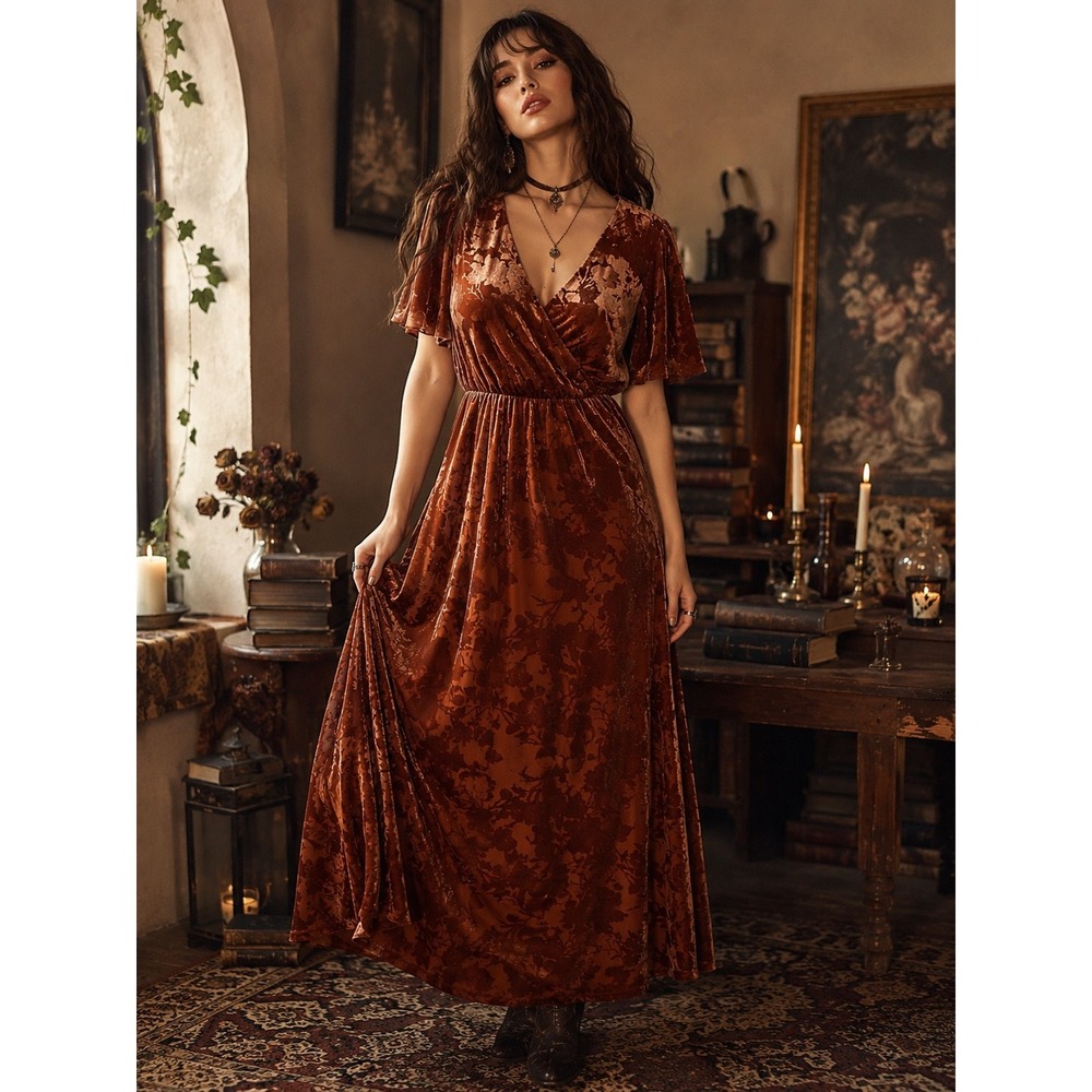 NWT Velvet Burnout Wrap Maxi Dress Med Whimsigoth Coastal Cowgirl Boho Dark Fem